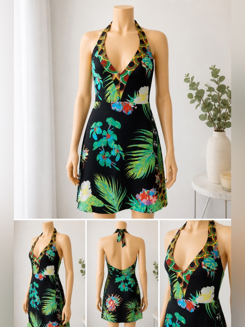 Cynthia Rowley Jungle Paradise Tate Dress | Tropical Halter Mini | Silk Blend